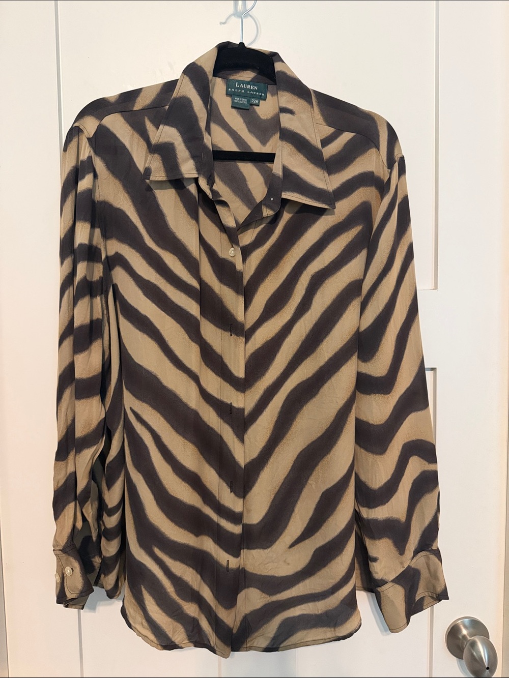 Lauren Ralph Lauren 100% Silk Beige and Chocolate Brown Zebra Stripe Blouse